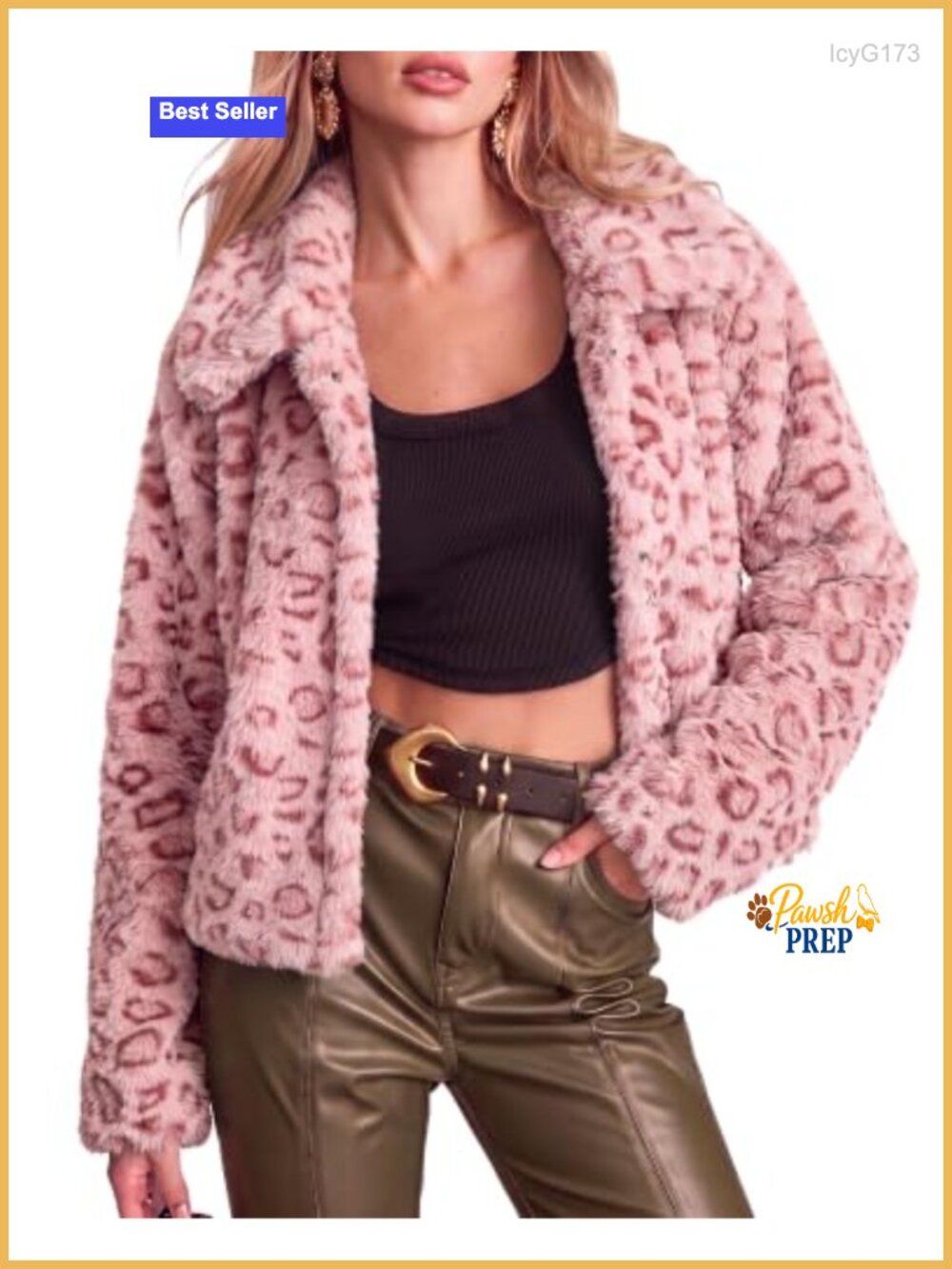 Faux Fur Jacket Women Leopard Print Fluffy Furry Winter Coat Cropped Snap Front